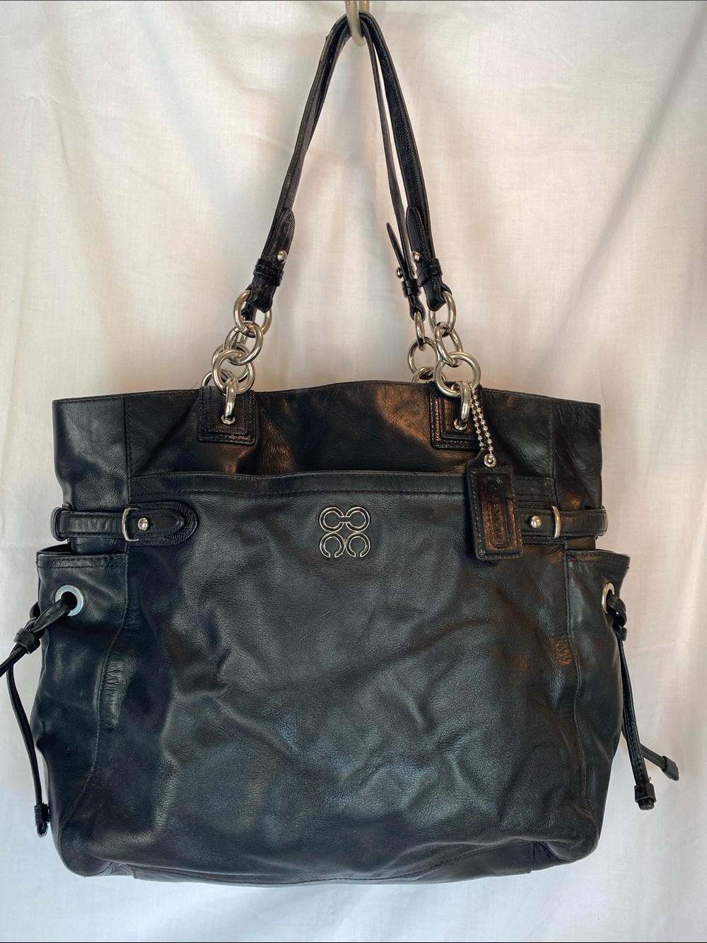 Coach Black Leather Tote with Silver Hardware